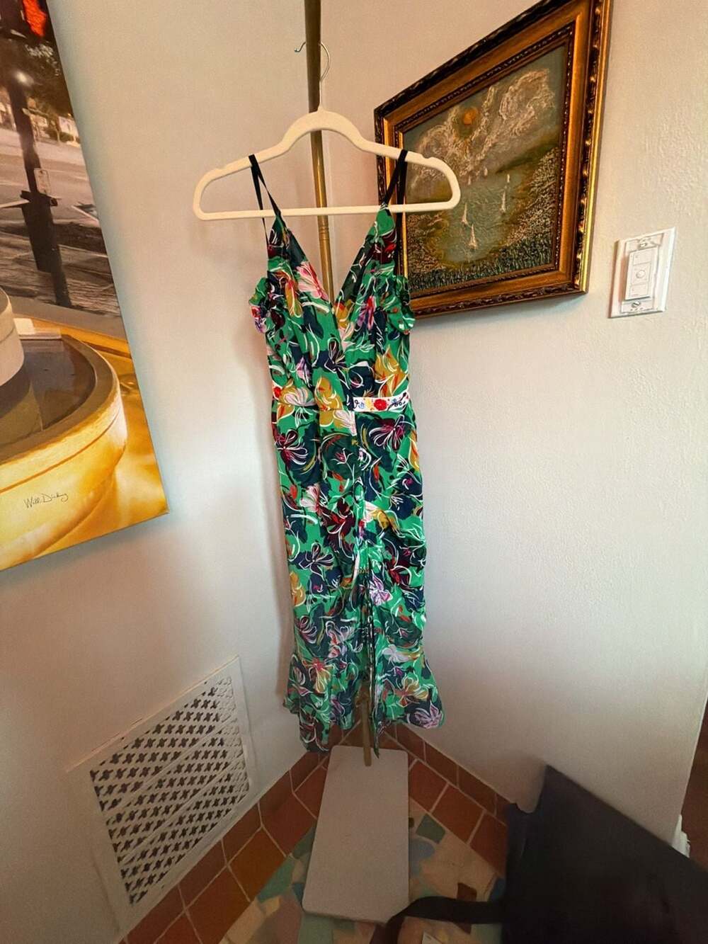 Saloni Green Floral Silk Ruched Midi Dress